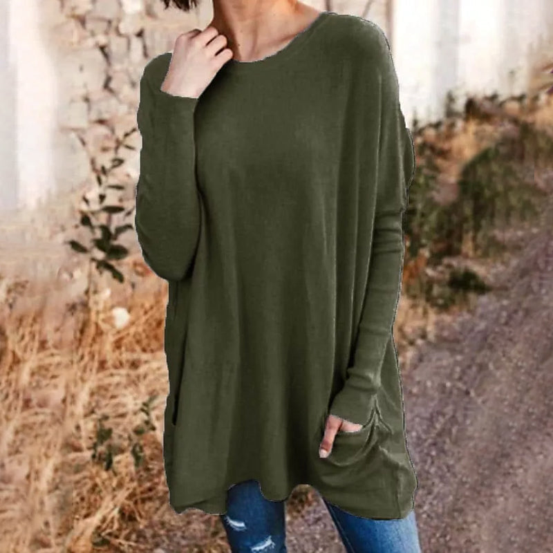 Round Neck Long Sleeve Loose Pocket Solid T-Shirt for Women