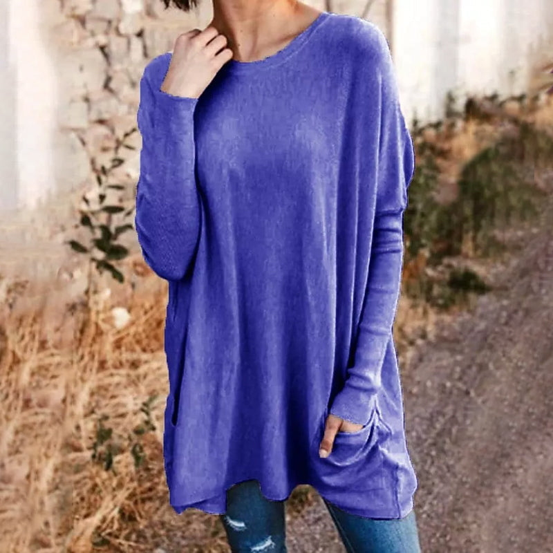 Round Neck Long Sleeve Loose Pocket Solid T-Shirt for Women