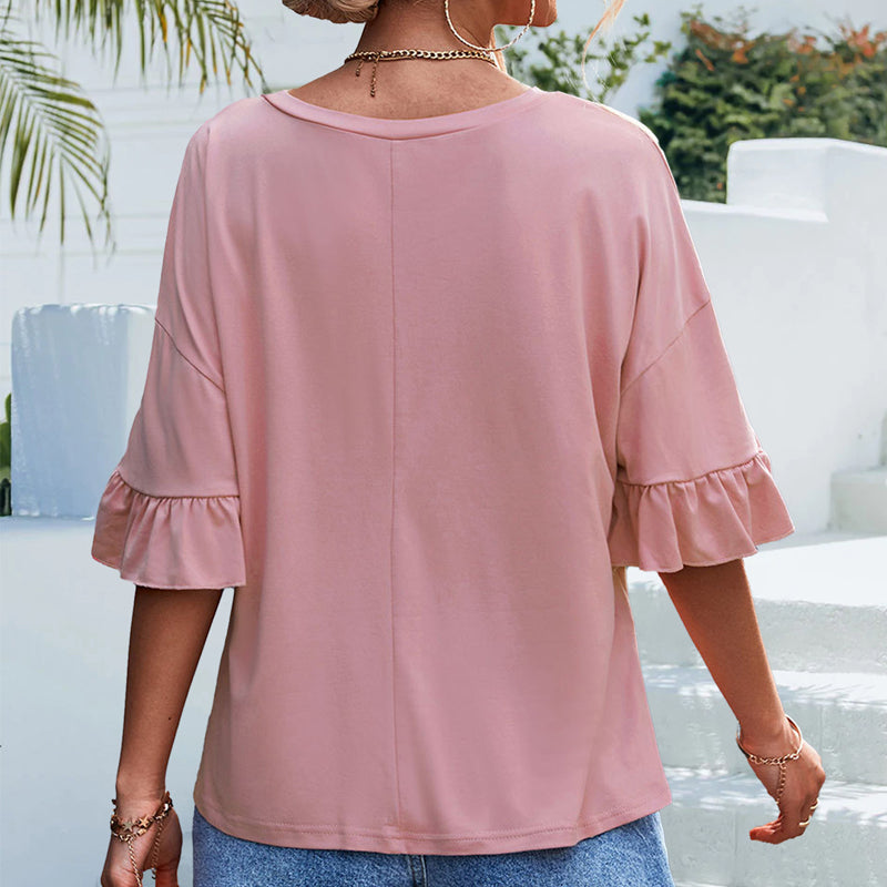 Women's Ruffled Half Sleeve Top Solid Color Crew Neck T-shirt