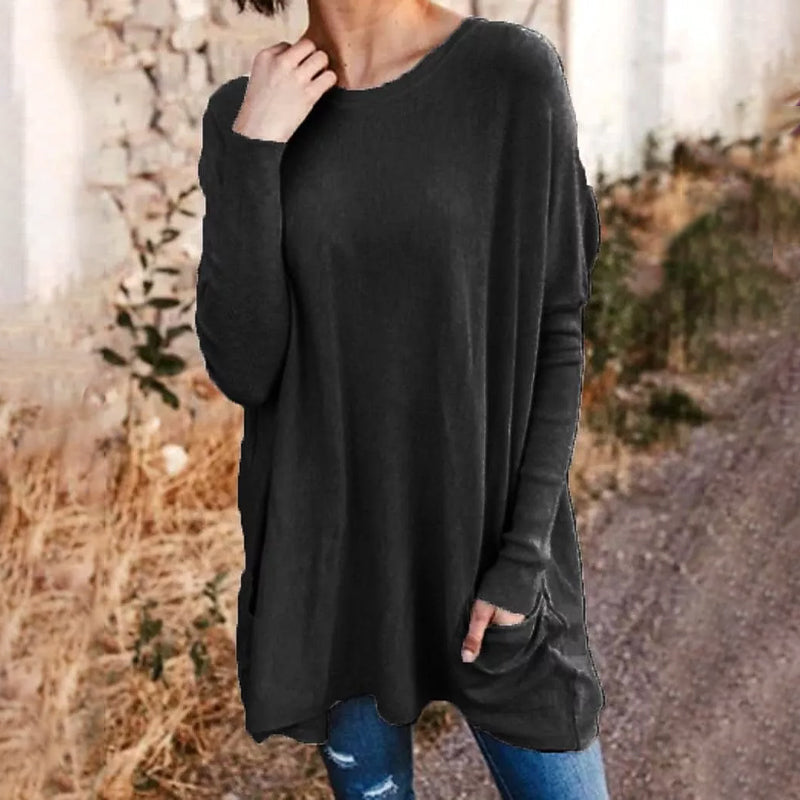 Round Neck Long Sleeve Loose Pocket Solid T-Shirt for Women