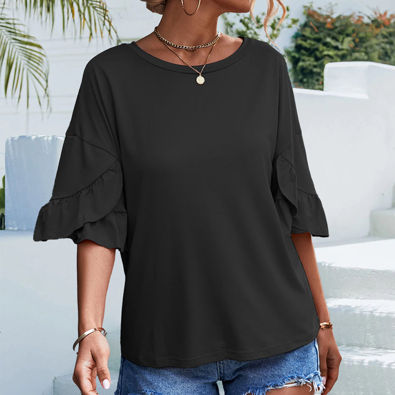 Women's Ruffled Half Sleeve Top Solid Color Crew Neck T-shirt