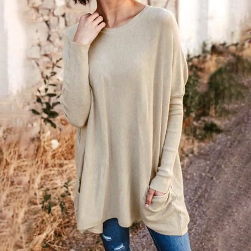 Round Neck Long Sleeve Loose Pocket Solid T-Shirt for Women