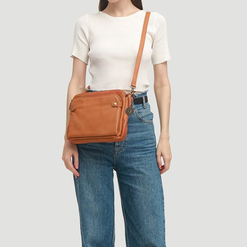 Three-Layer Crossbody Leather Shoulder Bag & Clutch