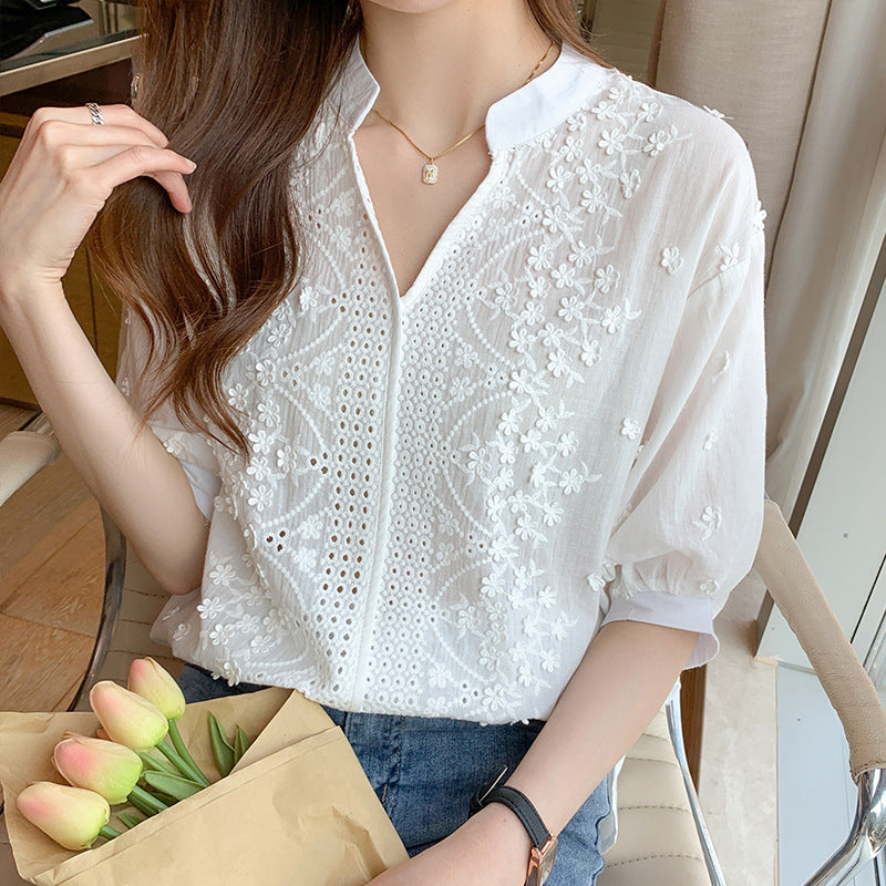 Floral Pattern Eyelet Embroidery Half Sleeve Top