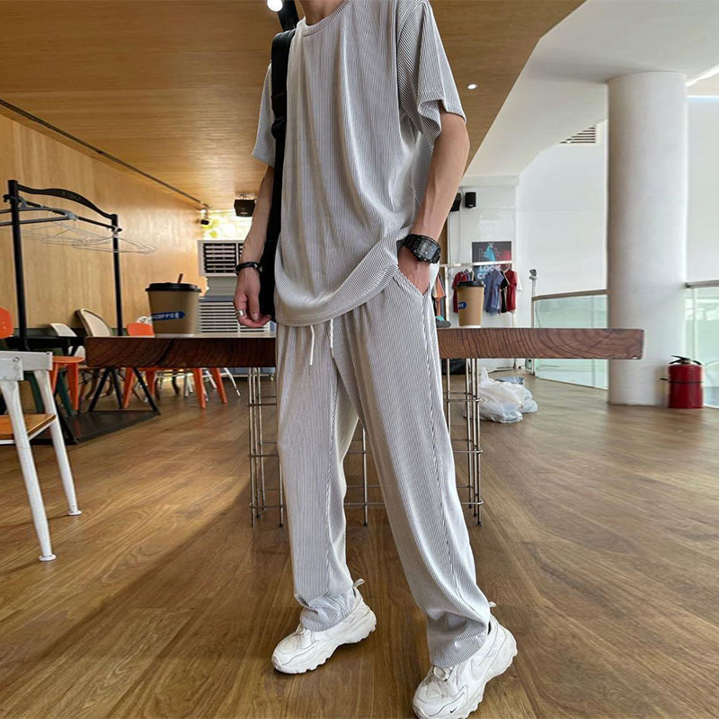 Men's Ice Silk Casual Suit Top and Pants Set