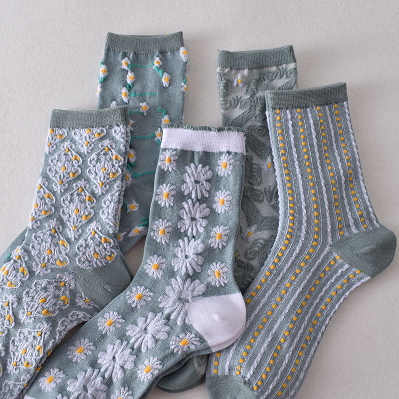 5 Pairs Women's Blue Elegant Embossed Floral Cotton Socks