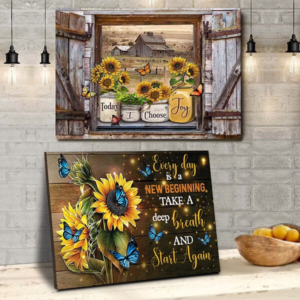 Butterfly Sunflowers Wall Art Painting with Wooden Frame