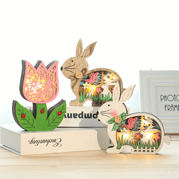 Easter Wooden Ornaments with LED Light Bunny Rabbit Tabletop Easter Decorations