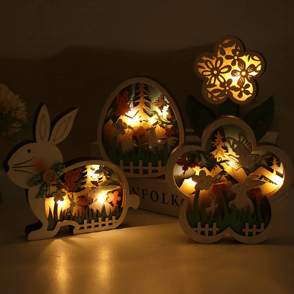 Easter Wooden Ornaments with LED Light Bunny Rabbit Tabletop Easter Decorations