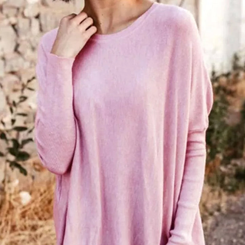 Round Neck Long Sleeve Loose Pocket Solid T-Shirt for Women