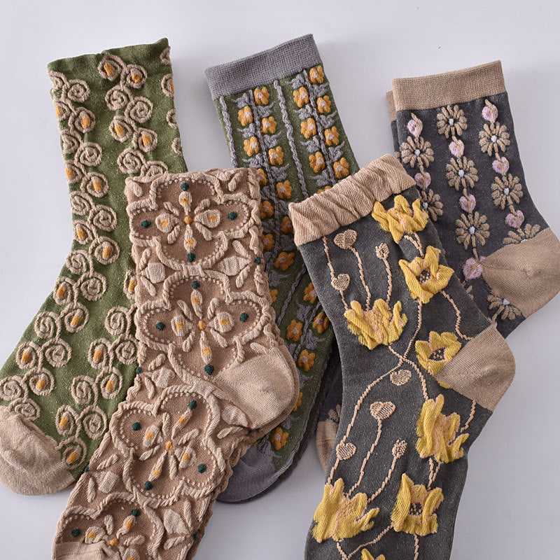 10 Pairs Women's Embossed Floral Cotton Socks