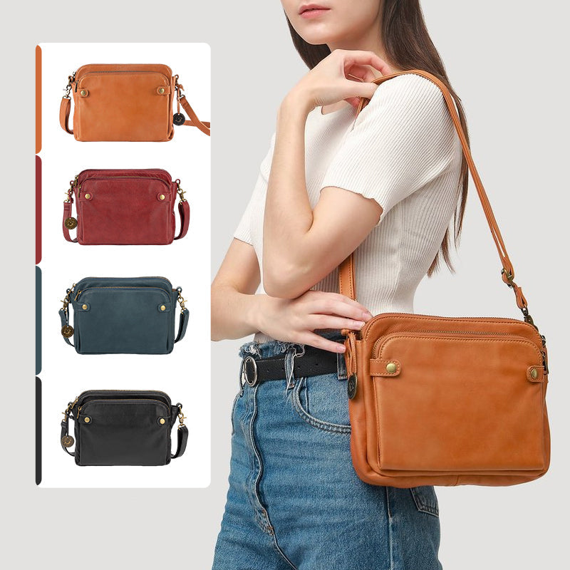 Three-Layer Crossbody Leather Shoulder Bag & Clutch