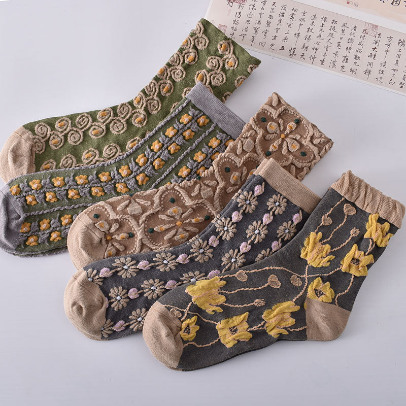 10 Pairs Women's Embossed Floral Cotton Socks