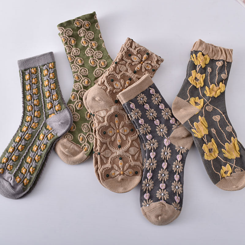 10 Pairs Women's Embossed Floral Cotton Socks