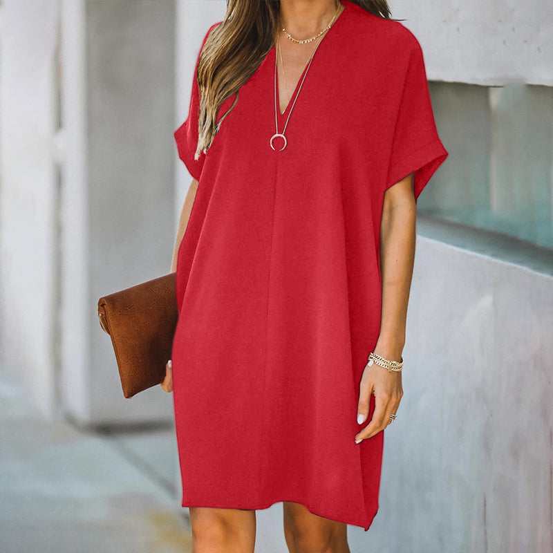 Women's V-neck Solid Color Short Sleeves Knee Length Casual Dresses