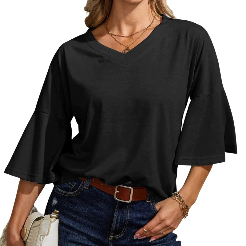 Women's Solid Color V-Neck Flare Sleeve T-Shirt