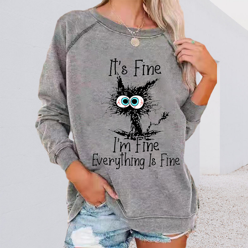 Crew Neck Casual Long Sleeve T-shirt - Cat Print It's Fine