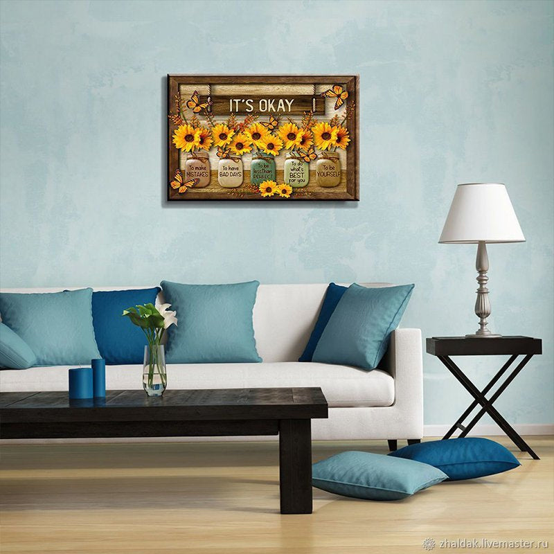 Butterfly Sunflowers Wall Art Painting with Wooden Frame