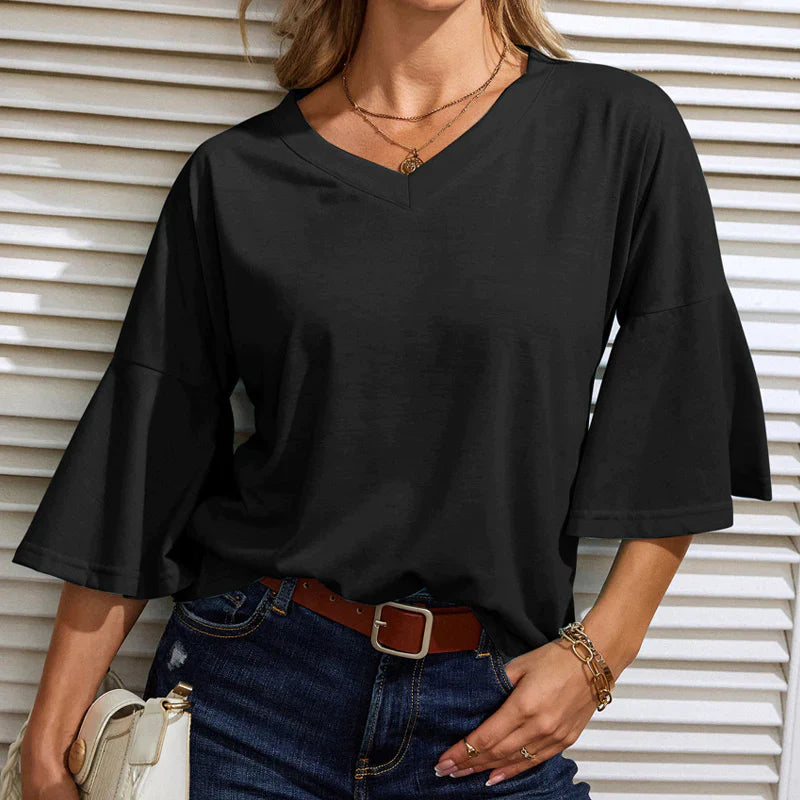 Women's Solid Color V-Neck Flare Sleeve T-Shirt