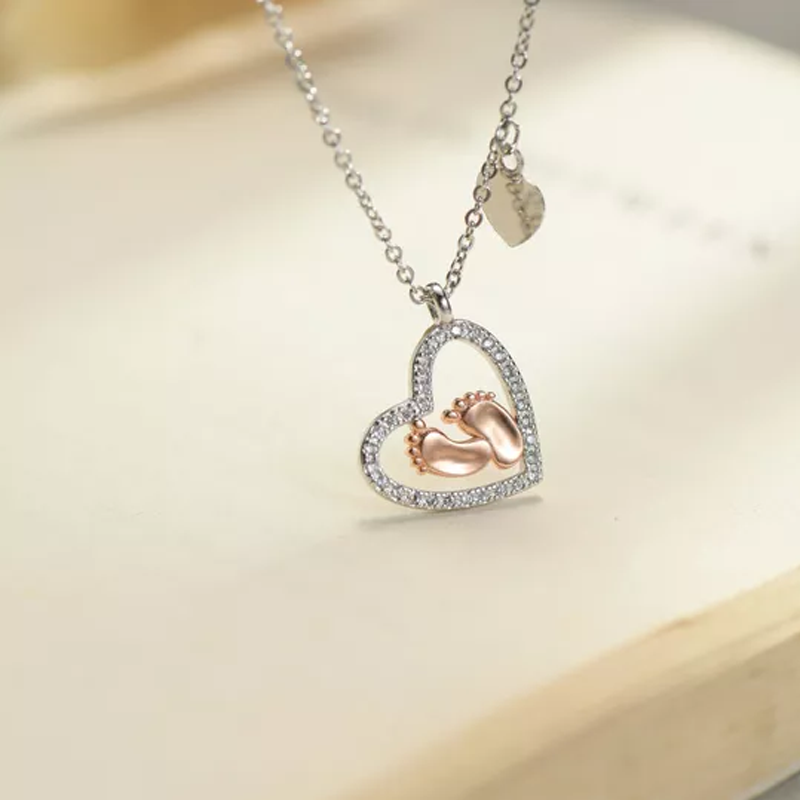 Gift To Mommy - Baby Feet Heart Pendant S925 Sterling Silver Necklace