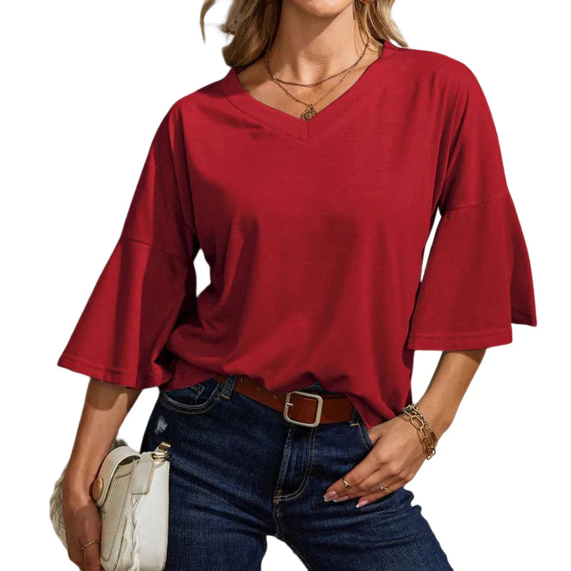 Women's Solid Color V-Neck Flare Sleeve T-Shirt