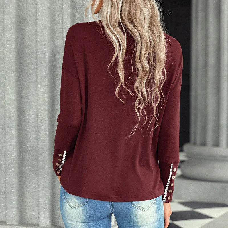 Women Fashion Crew Neck T-Shirt with Buttoned Cuffs