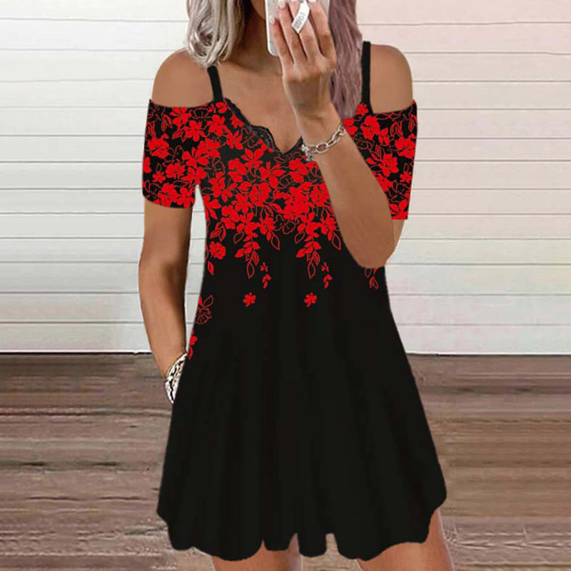 Women Fashion Lace V-Neck Floral Print Sexy Dress