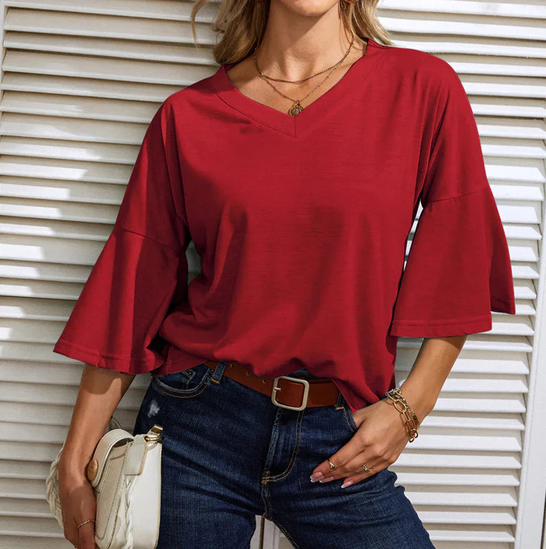 Women's Solid Color V-Neck Flare Sleeve T-Shirt