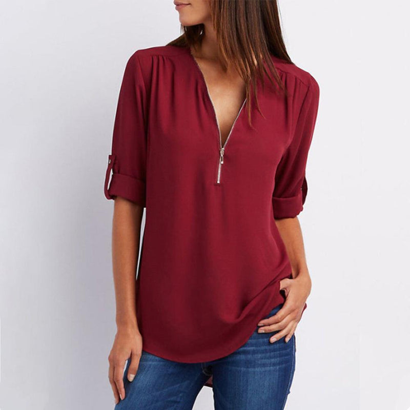 V Neck Zipper Patchwork Plain Blouses