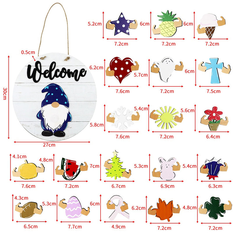 Welcome Door Decoration Pendant Interchangeable Cute Wooden Gnome Door Hanger