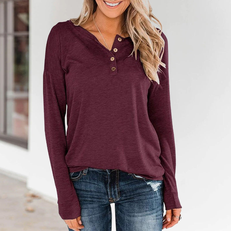 Women's Long Sleeve Pullover with Buttons Down Casual Loose T-Shirt Tops