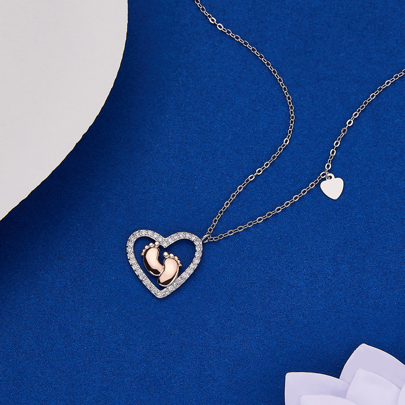 Gift To Mommy - Baby Feet Heart Pendant S925 Sterling Silver Necklace