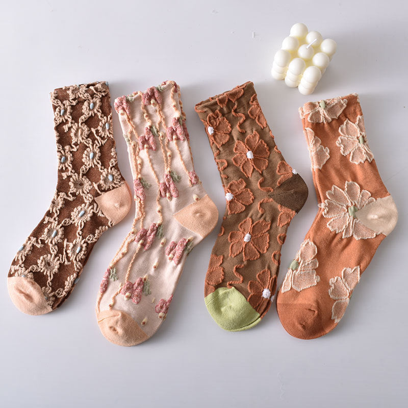 10 Pairs Women's Elegant Embossed Floral Cotton Socks