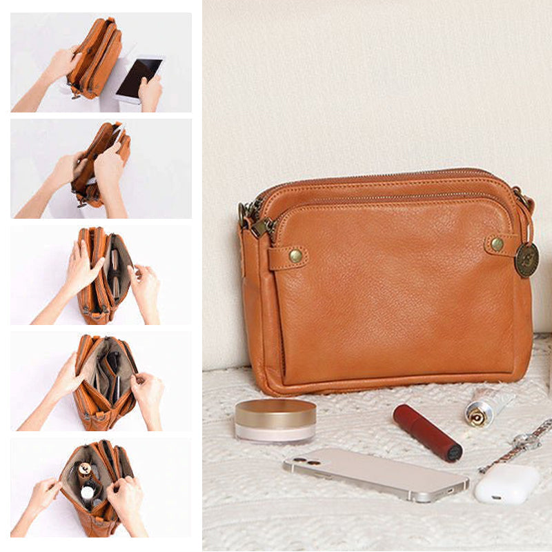 Three-Layer Crossbody Leather Shoulder Bag & Clutch