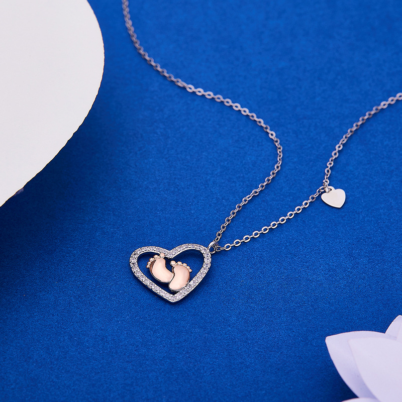 Gift To Mommy - Baby Feet Heart Pendant S925 Sterling Silver Necklace