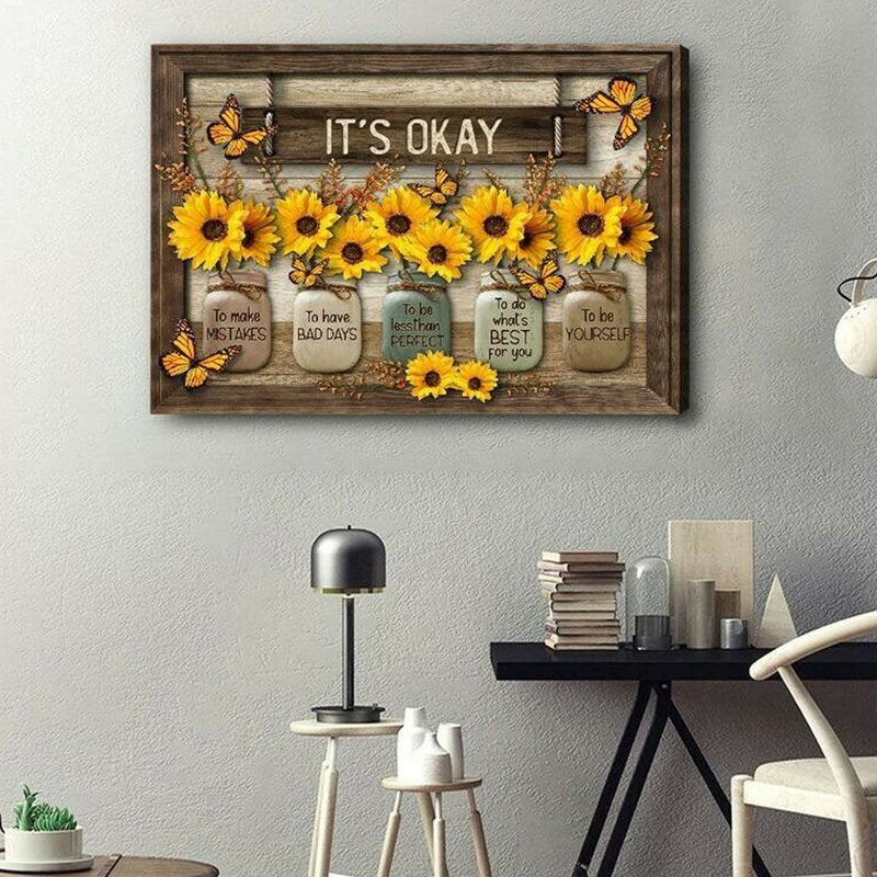 Butterfly Sunflowers Wall Art Painting with Wooden Frame