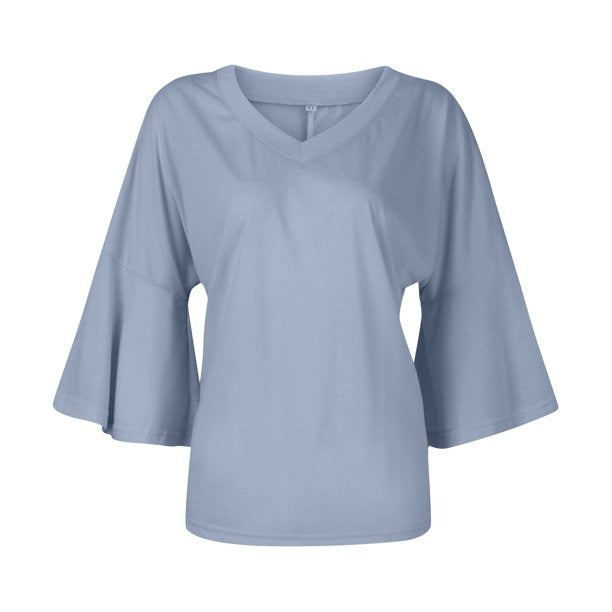 Women's Solid Color V-Neck Flare Sleeve T-Shirt