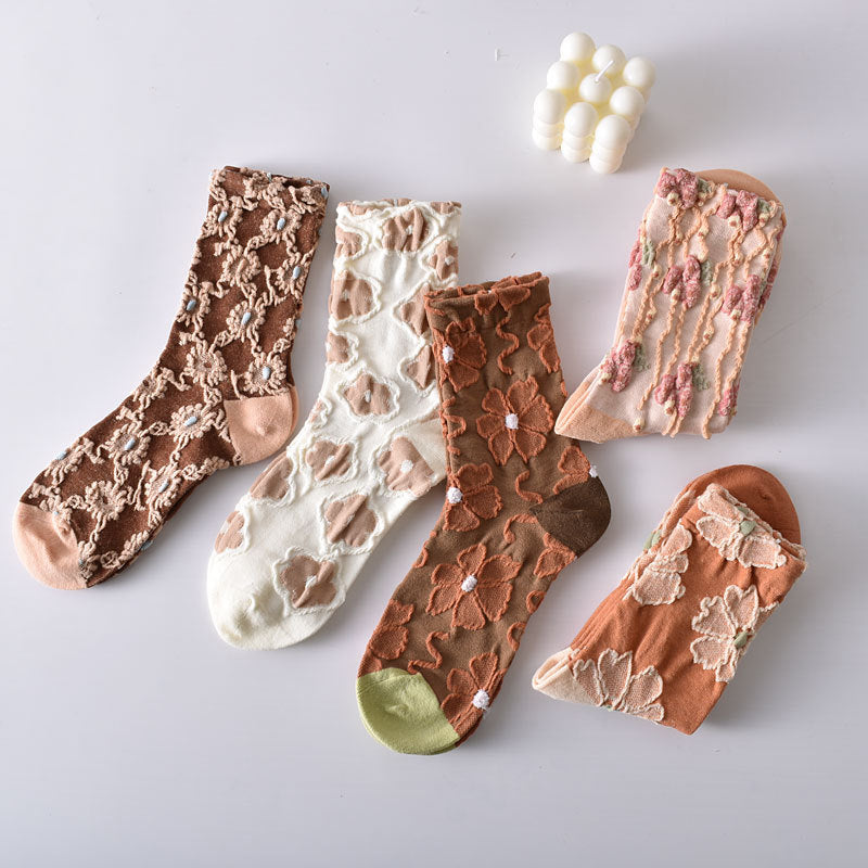 10 Pairs Women's Elegant Embossed Floral Cotton Socks