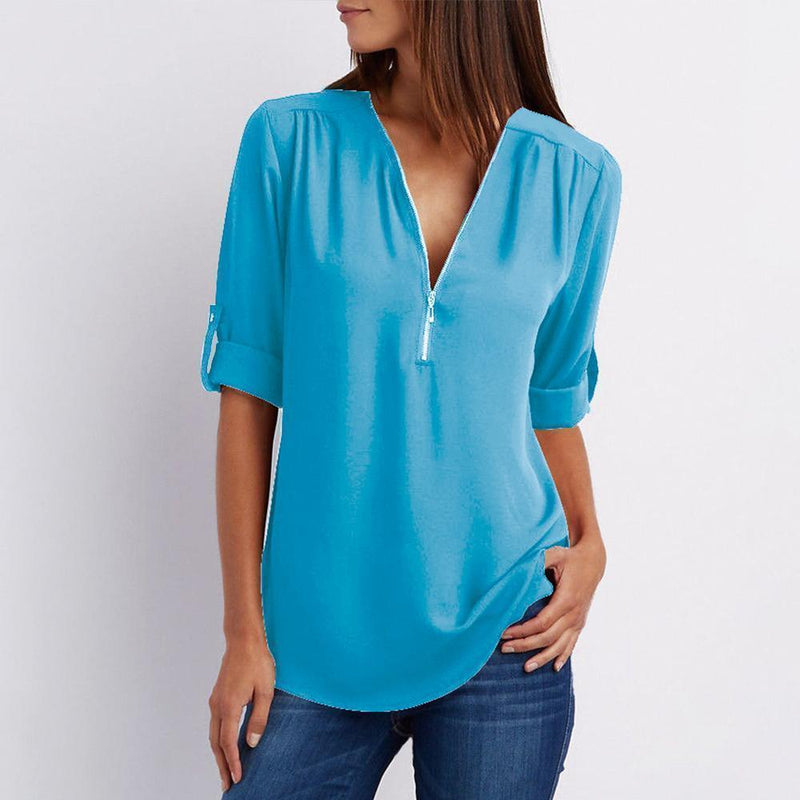 V Neck Zipper Patchwork Plain Blouses