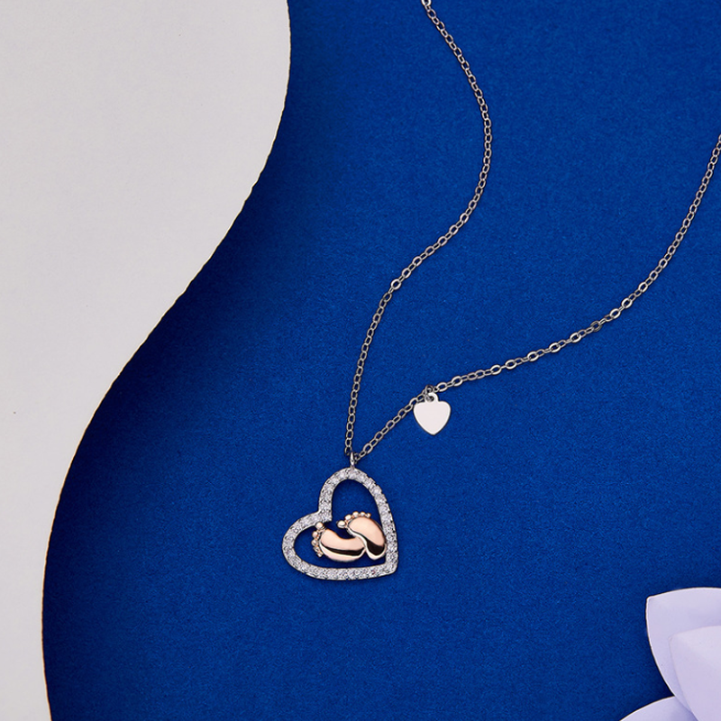 Gift To Mommy - Baby Feet Heart Pendant S925 Sterling Silver Necklace