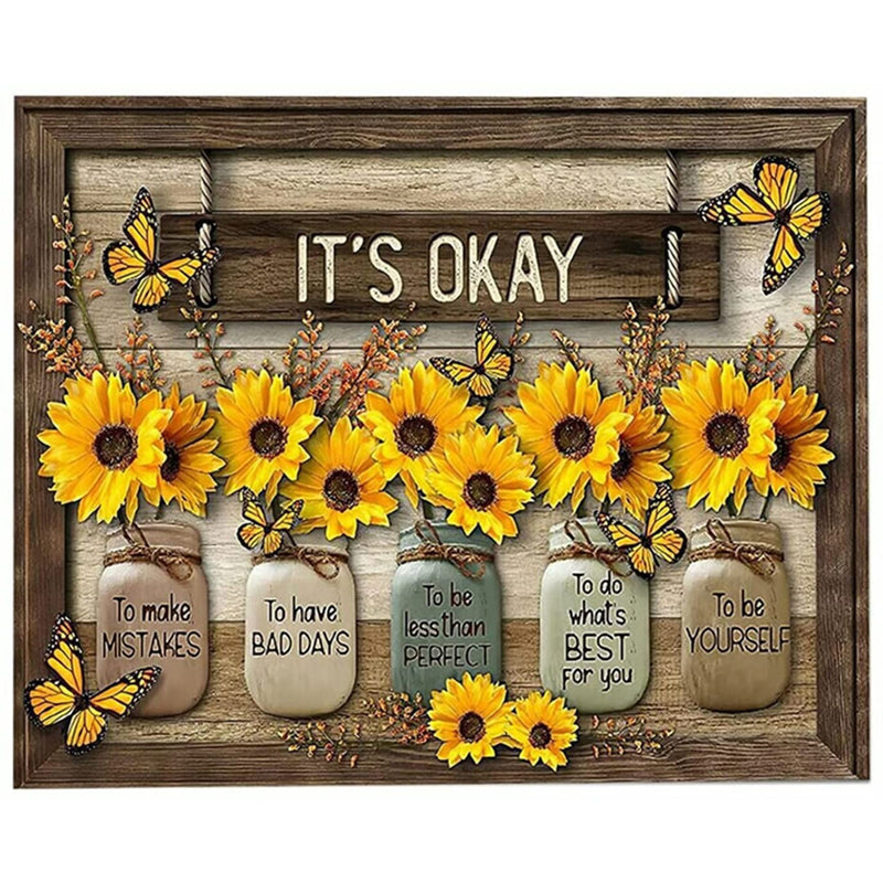 Butterfly Sunflowers Wall Art Painting with Wooden Frame