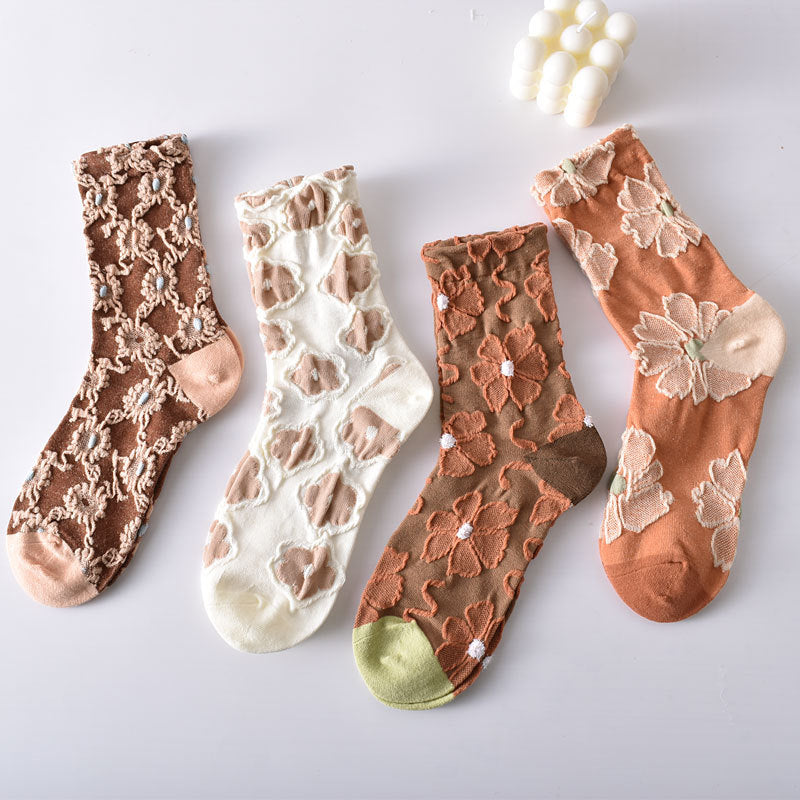 10 Pairs Women's Elegant Embossed Floral Cotton Socks