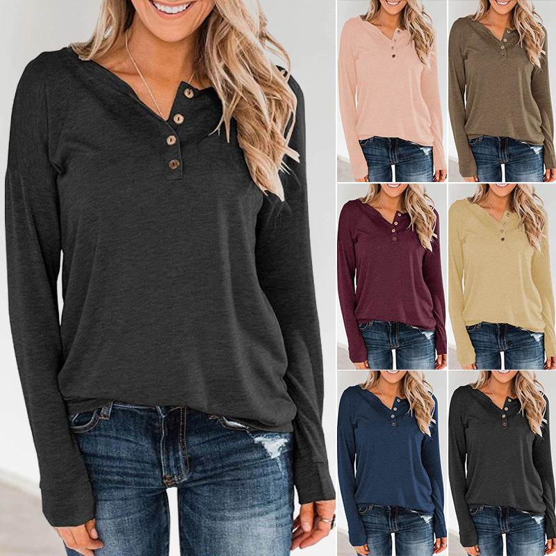 Women's Long Sleeve Pullover with Buttons Down Casual Loose T-Shirt Tops