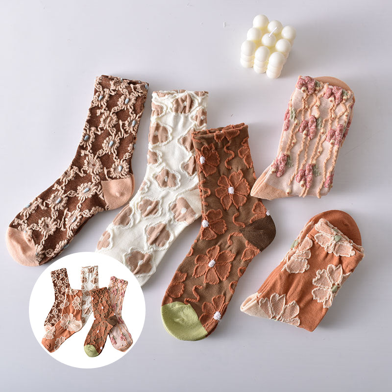 10 Pairs Women's Elegant Embossed Floral Cotton Socks