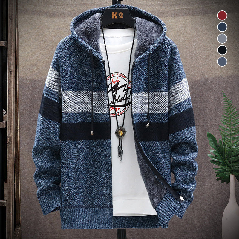 Winter Men's Striped Sweater Coat Thick Fleece Warm Hooded Cardigan