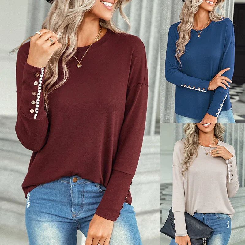 Women Fashion Crew Neck T-Shirt with Buttoned Cuffs