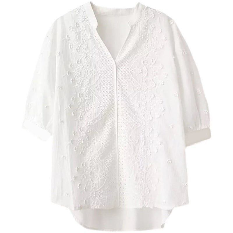 Floral Pattern Eyelet Embroidery Half Sleeve Top