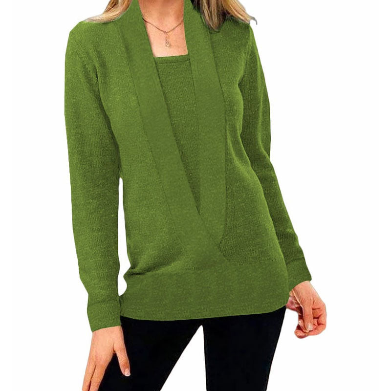 Women's V Neck Long Sleeve Knit Sweater Solid Color Pullover