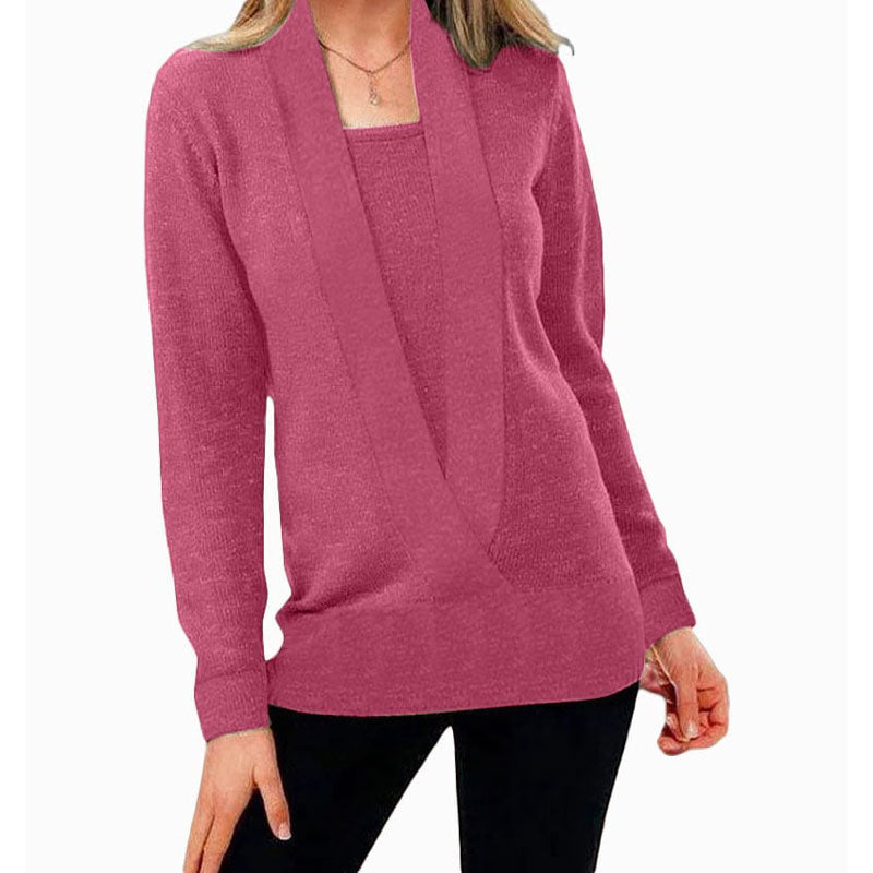 Women's V Neck Long Sleeve Knit Sweater Solid Color Pullover